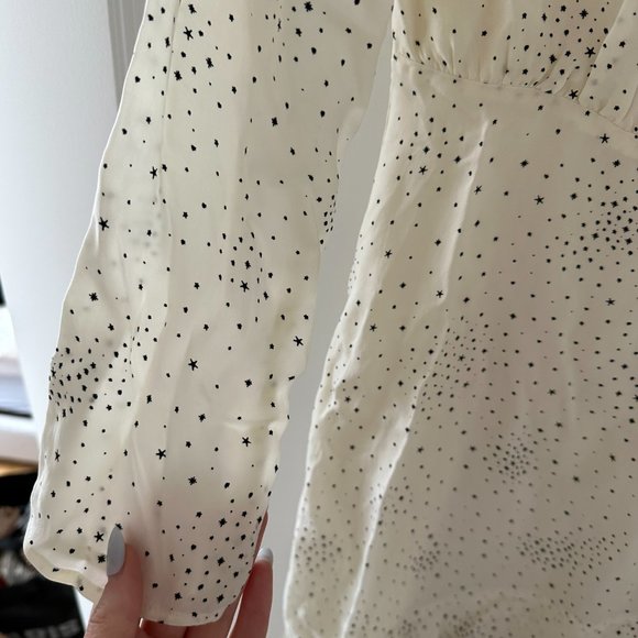 Maje Reto Asymmetric Dress Sz 40 Ecru Cupro Printed Ruffle Trim Long Sleeve - Picture 4 of 11